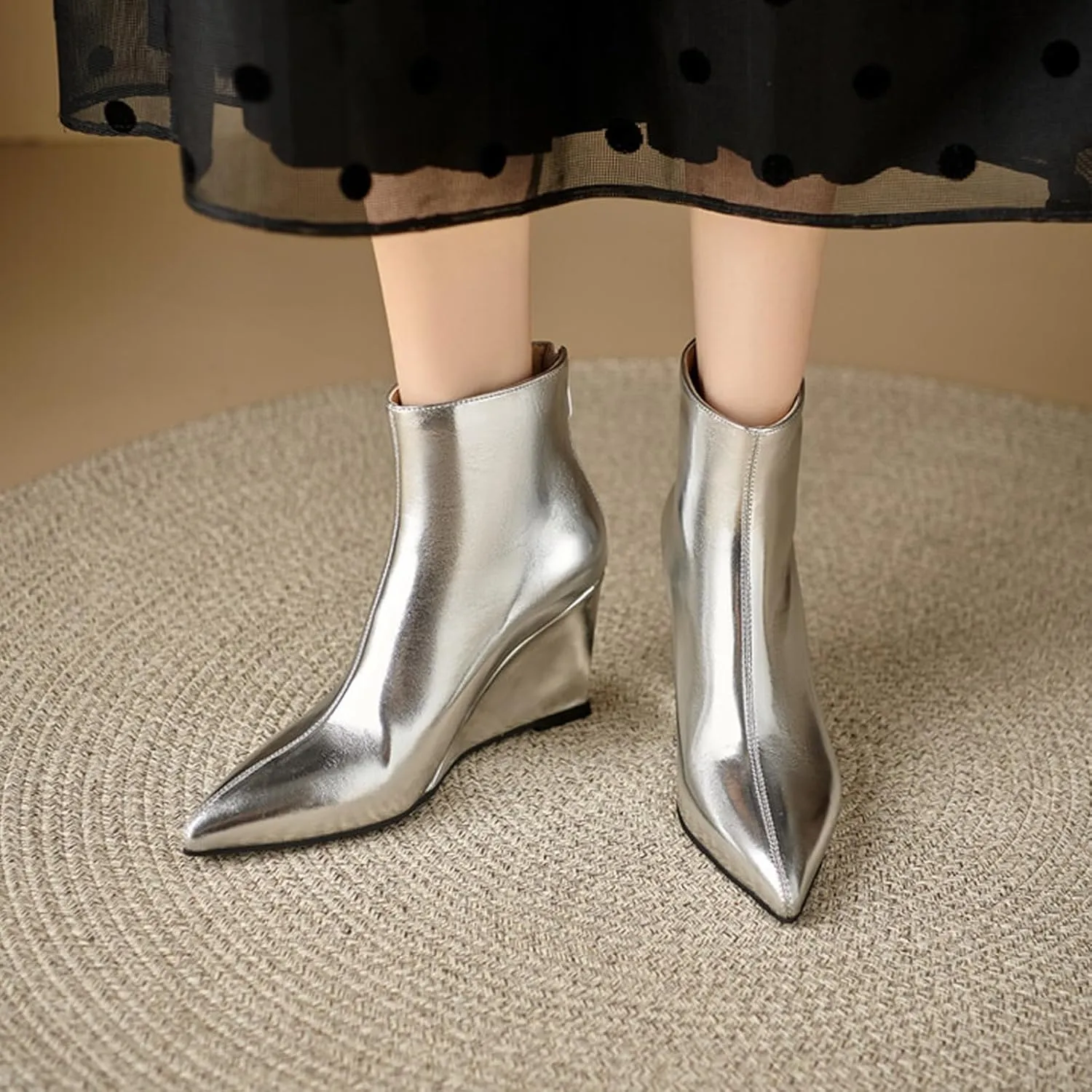 Women'S Patent Leather Shiny One-Piece Wedge Heel Fashion Ankle Boots With Back Zipper Sexy Pointed Block High Heel Non-Slip Chelsea Dress Party Ankle Boots