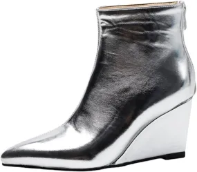 Women'S Patent Leather Shiny One-Piece Wedge Heel Fashion Ankle Boots With Back Zipper Sexy Pointed Block High Heel Non-Slip Chelsea Dress Party Ankle Boots