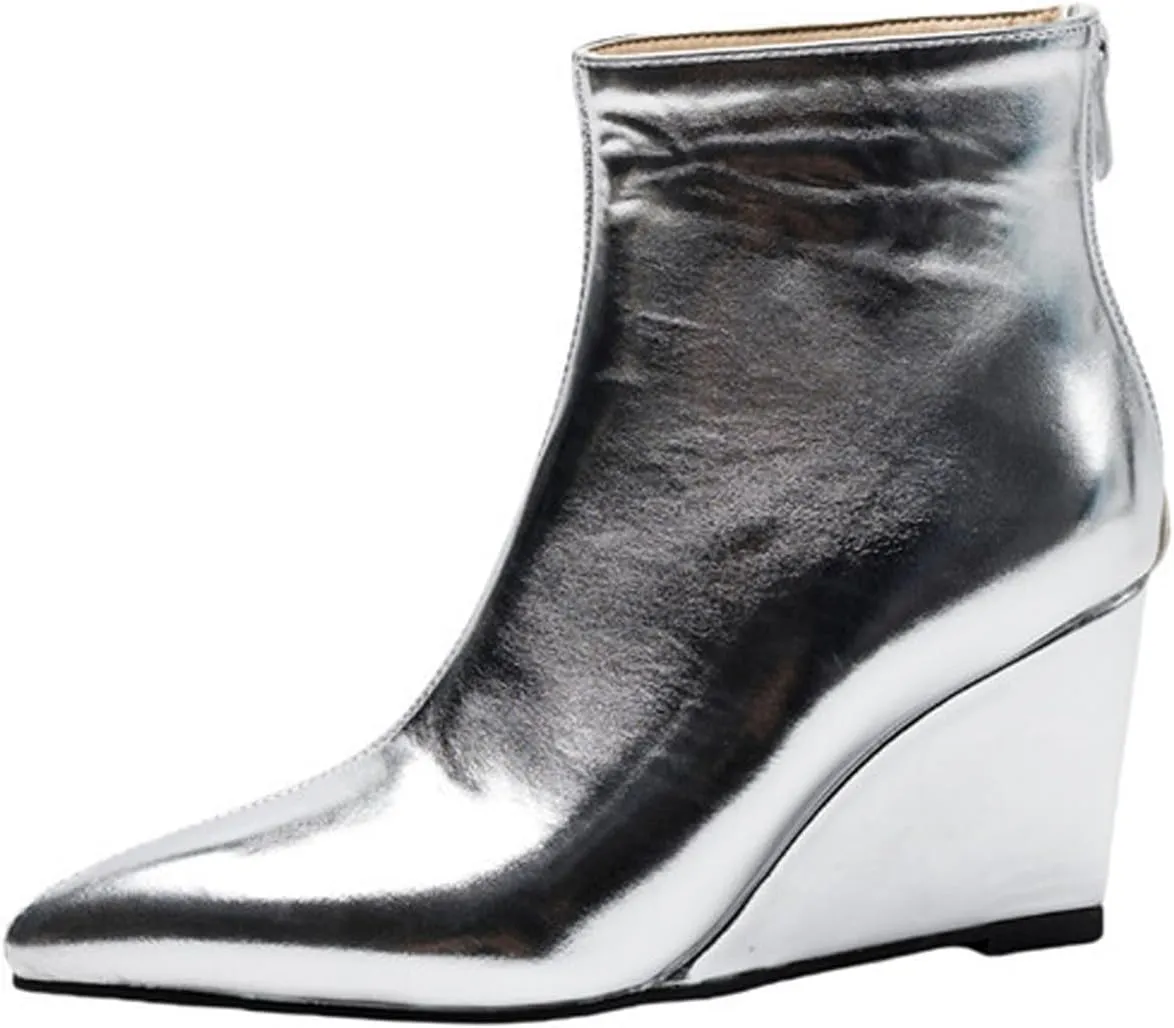 Women'S Patent Leather Shiny One-Piece Wedge Heel Fashion Ankle Boots With Back Zipper Sexy Pointed Block High Heel Non-Slip Chelsea Dress Party Ankle Boots