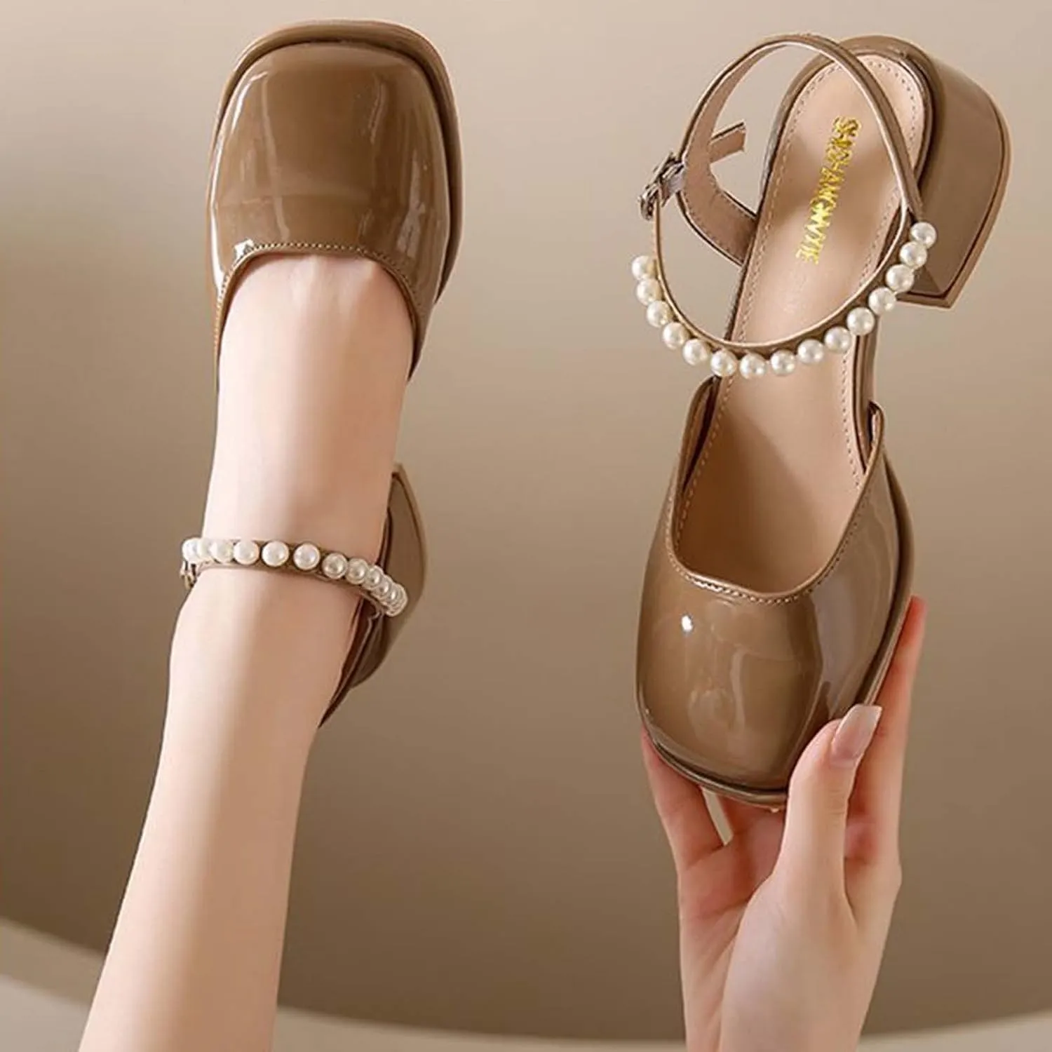 Womens Square Toe Mules Elegant Pearl Beaded Slip On Shoes Ankle Strap Chunky Heels Sandals Backless Loafer Shoes