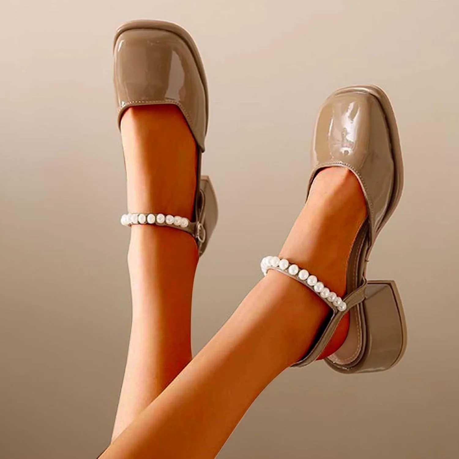 Womens Square Toe Mules Elegant Pearl Beaded Slip On Shoes Ankle Strap Chunky Heels Sandals Backless Loafer Shoes