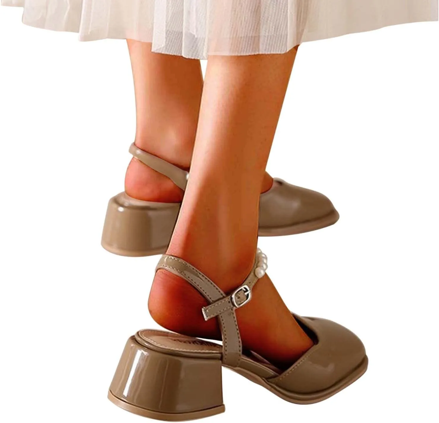 Womens Square Toe Mules Elegant Pearl Beaded Slip On Shoes Ankle Strap Chunky Heels Sandals Backless Loafer Shoes