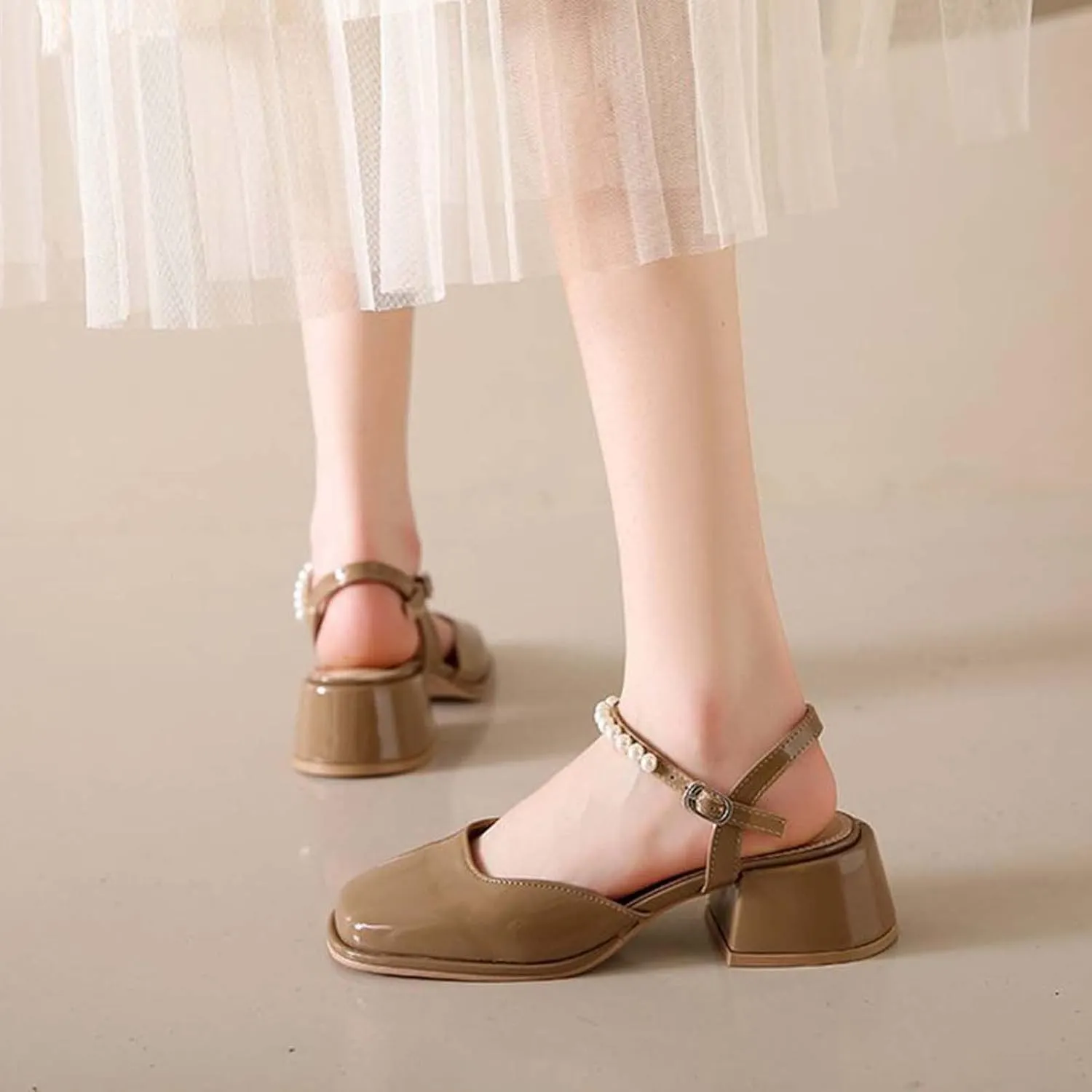 Womens Square Toe Mules Elegant Pearl Beaded Slip On Shoes Ankle Strap Chunky Heels Sandals Backless Loafer Shoes