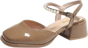 Womens Square Toe Mules Elegant Pearl Beaded Slip On Shoes Ankle Strap Chunky Heels Sandals Backless Loafer Shoes