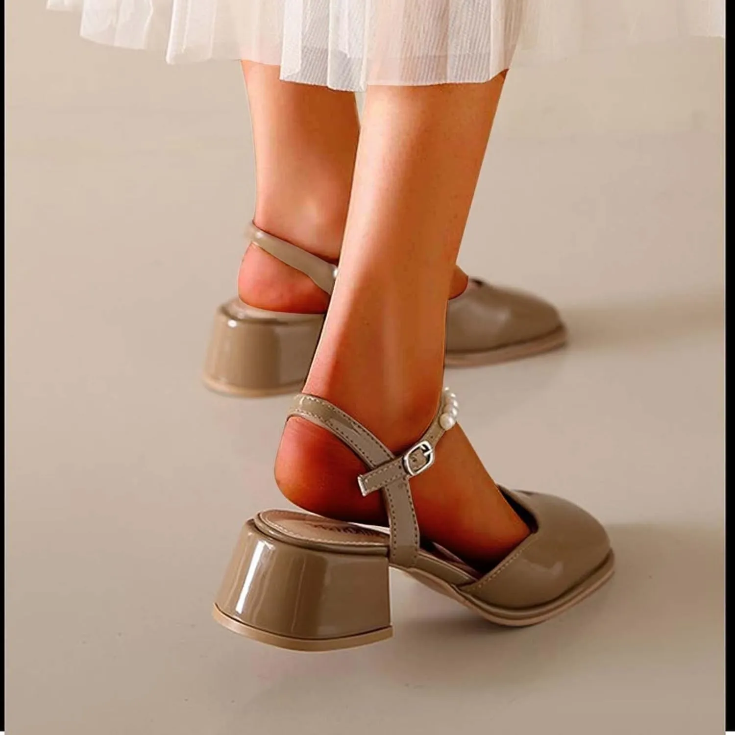Womens Square Toe Mules Elegant Pearl Beaded Slip On Shoes Ankle Strap Chunky Heels Sandals Backless Loafer Shoes