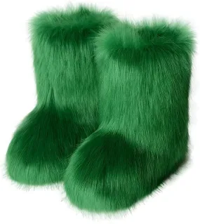 YESBOR Women's Faux Fur Boots Fluffy Mid-Calf Fuzzy Winter Snow Boots Outdoor Flat Shoes