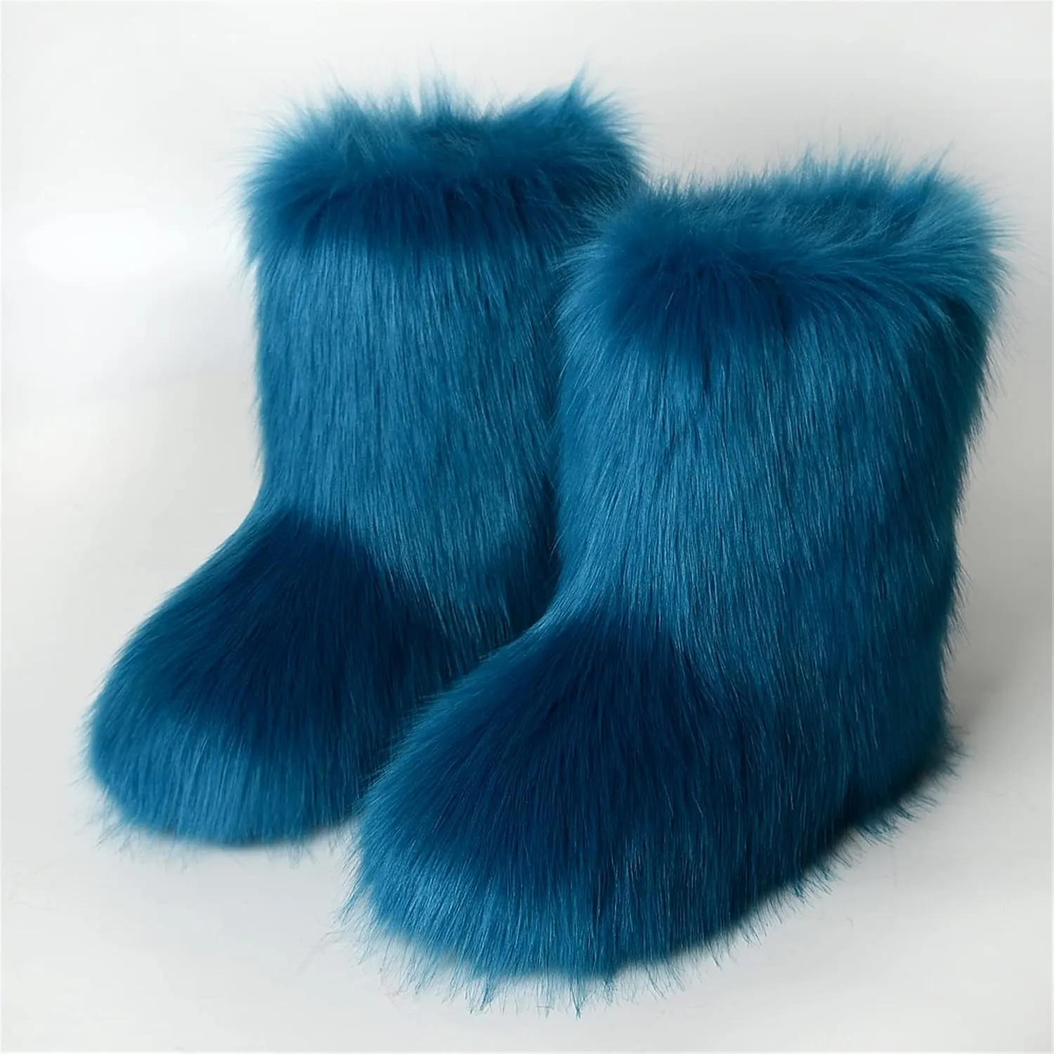 YESBOR Women's Faux Fur Boots Fluffy Mid-Calf Fuzzy Winter Snow Boots Outdoor Flat Shoes