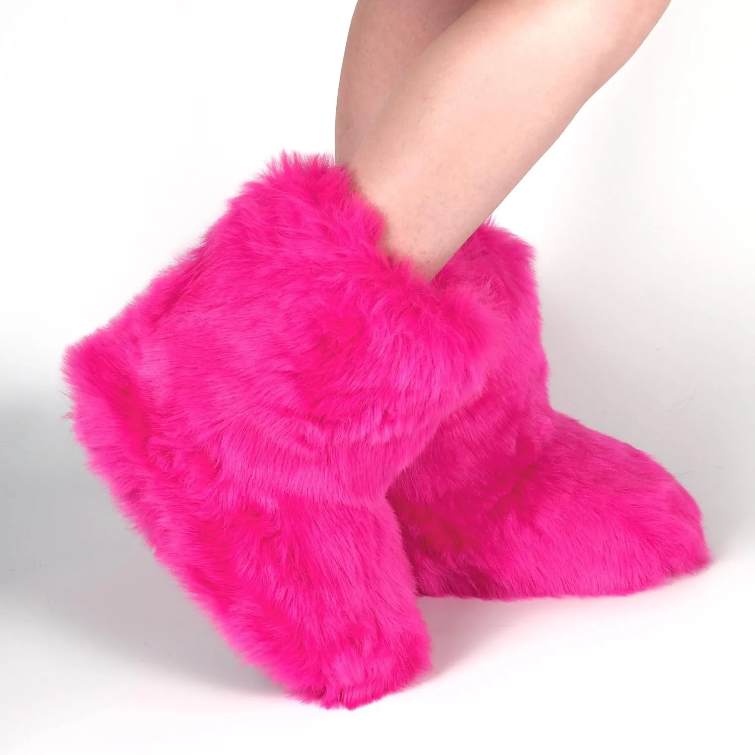 ZVC Women's Faux Fur Boots Furry Snow Boots Comfortable Fluffy Winter Boot Warm Fuzzy Mid-Calf Boot Outdoor Indoor Flat Shoes